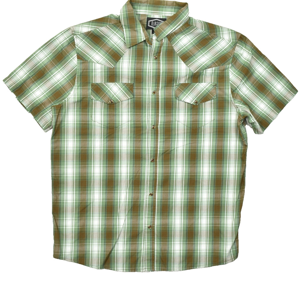 Gibson Trading Co Mens Large Green Plaid Short Sleeve Western Snap Button Down S